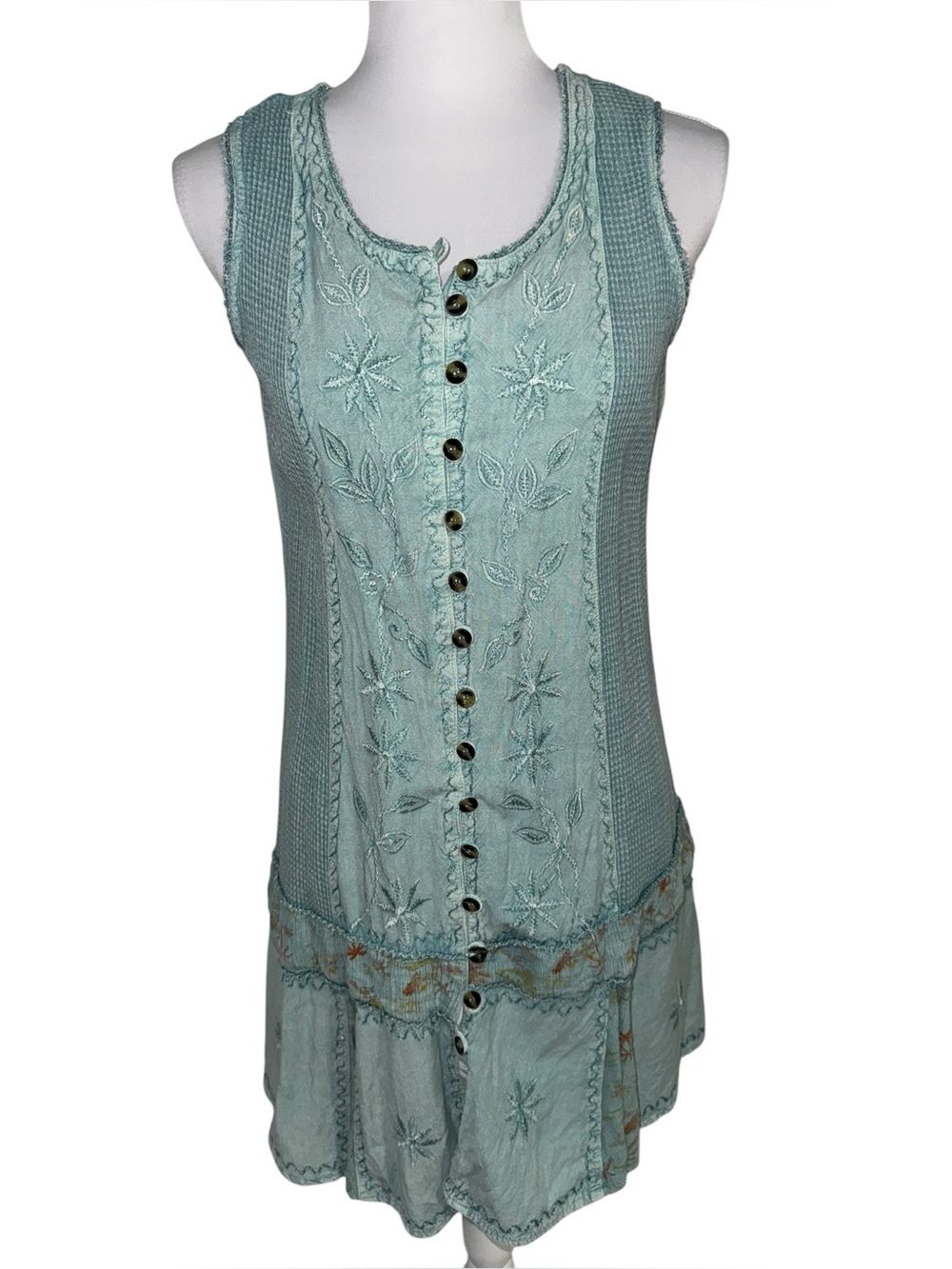 Raya Sun XL Teal Embroidered Boho Tunic Top Button Front Cotton Fairy Boho